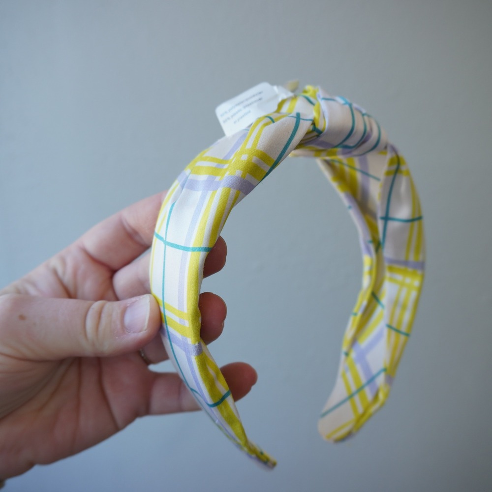 Anthropologie NEW Yellow Blue Plaid Headband Knotted Top Knot Hair Accessory